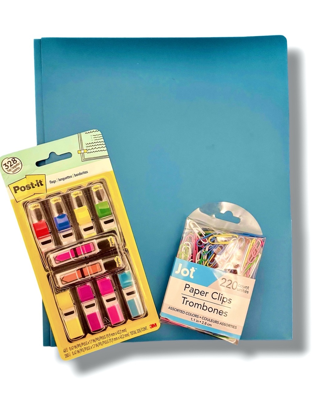 Assorted Office Supply Set Blue Folder, Pot It Tabs, Colored Paper Clips